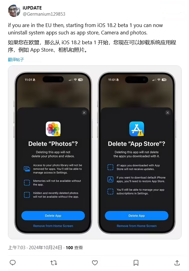 汉南苹果手机维修分享iOS 18.2 支持删除 App Store 应用商店 