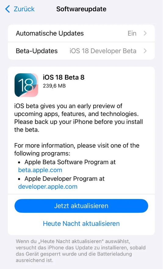 汉南苹果手机维修分享苹果 iOS / iPadOS 18 开发者预览版 Beta 8 发布 